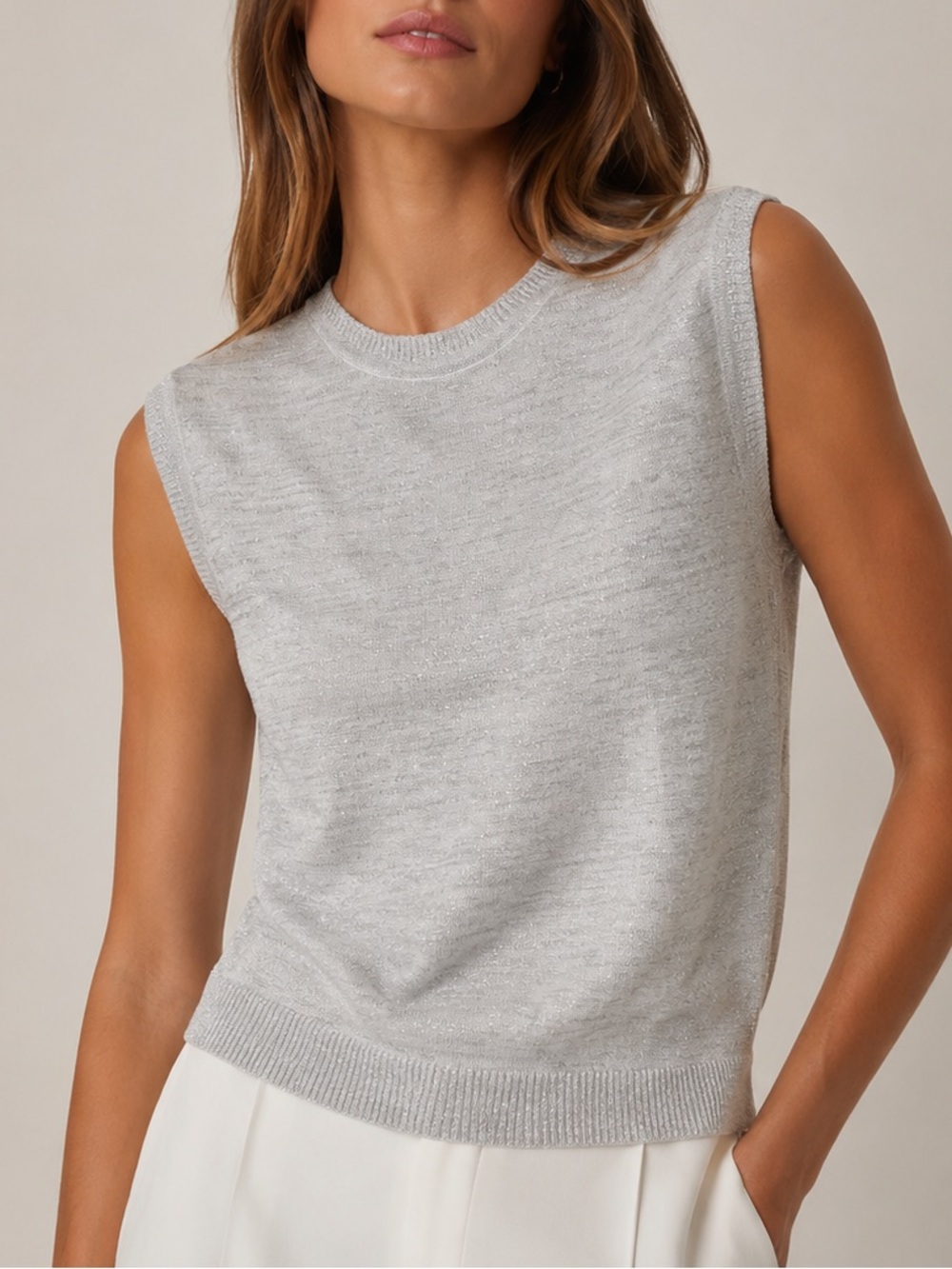 Julia Amory Tippi Top Size L Metallic Silver Gray Knit Sleeveless